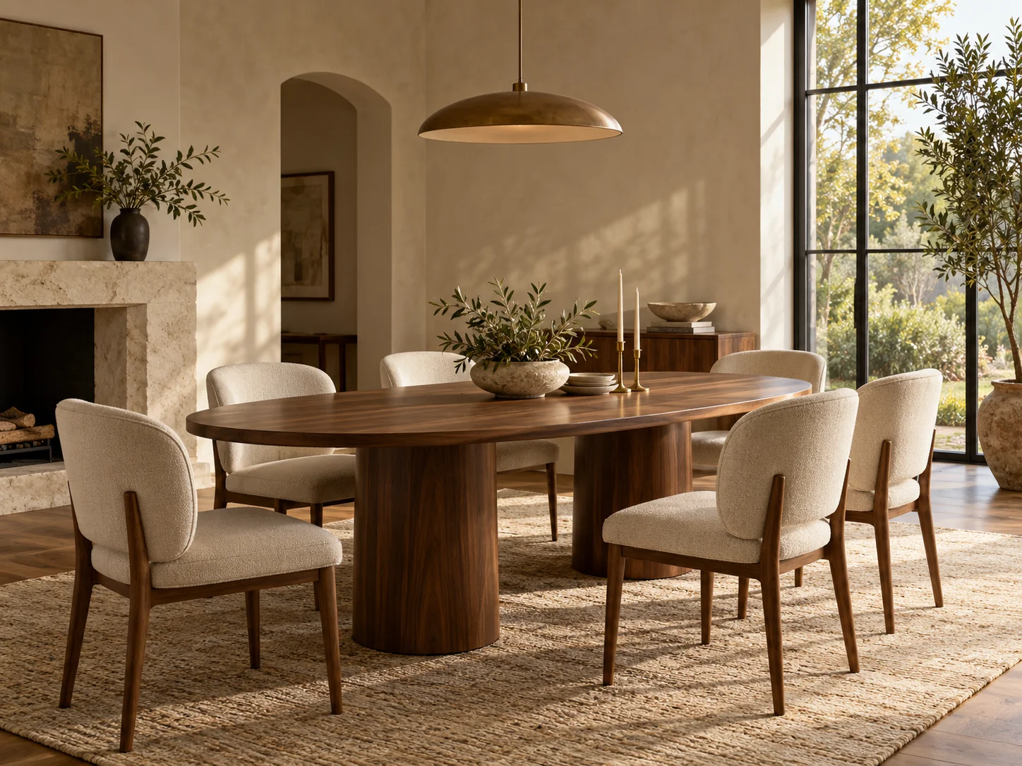 Walnut dining table and upholstered chairs