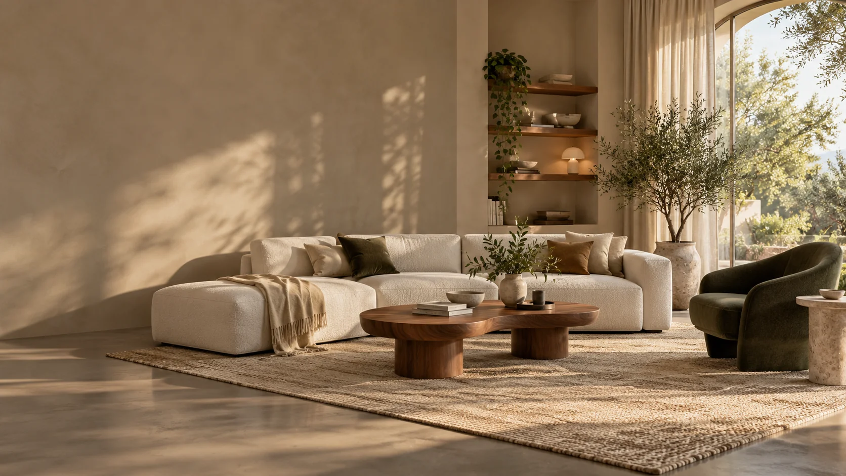 Warm modern living room with a cream sofa, walnut table and lounge chair