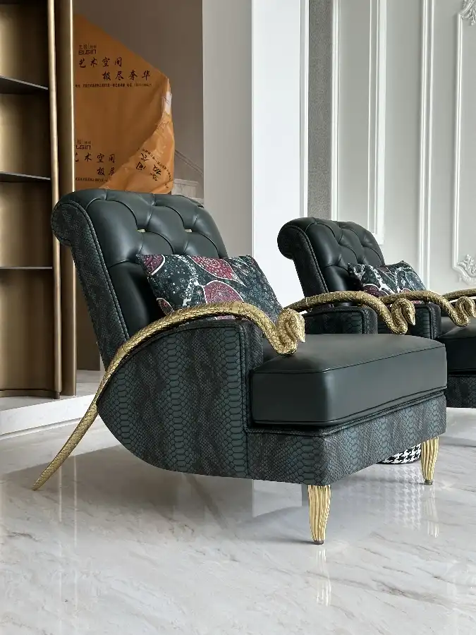 Dark green statement lounge chairs in the Wuhan residence